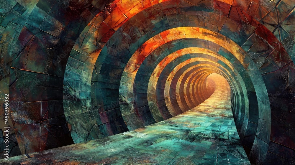 Poster a vibrant tunnel with swirling colors, drawing viewers into a mesmerizing depth that evokes a sense 