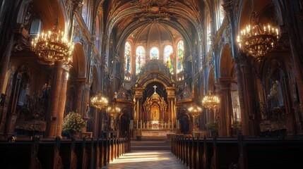 Fototapeta premium A church interior with ornate chandeliers, high ceilings, and a central aisle leading to the altar.