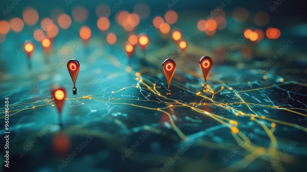 Poster a digital map featuring interconnected location pins, symbolizing global network connectivity and ge