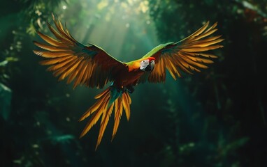 A vibrant parrot in mid-flight, showcasing its colorful feathers against a lush, sunlit jungle backdrop.