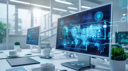 Fototapeta premium Modern Office Workspace with Futuristic Digital Interface on Computer Screen