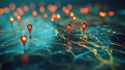 A digital map featuring interconnected location pins, symbolizing global network connectivity and geographic information technology. Concept of global connections and geolocation maps for business.