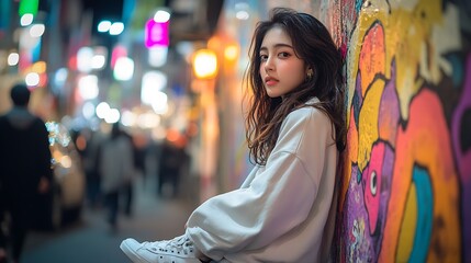 Teenage model in Changpant and high-top sneakers, leaning casually against a colorful graffiti wall...