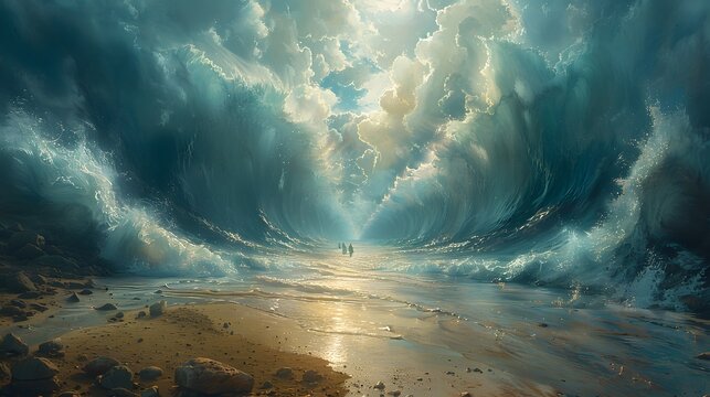Visualize the dry pathway created by Moses parting the Red Sea, the water towering high on both sides, with the Israelites moving forward in a state of awe and reverence