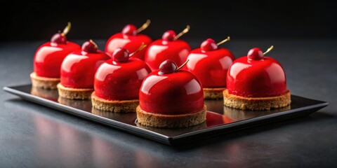Luxurious red cakes on black tray with minimalist background, ideal for modern patisserie ads