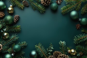 A collection of green Christmas baubles and pinecones arranged with evergreen branches on a green background, evoking a fresh holiday feel.