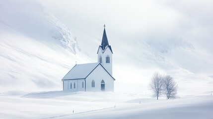 A church nestled in a snow-covered landscape, with its steeple rising above the white surroundings.