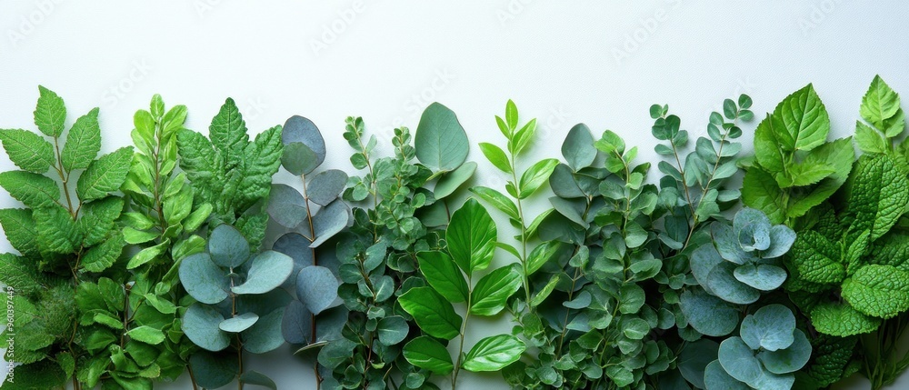 Wall mural a row of lush green leaves on a white background