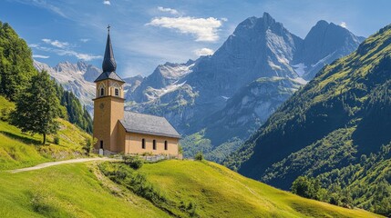 A church nestled in a valley, surrounded by mountains and a clear blue sky.