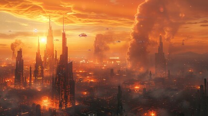 A futuristic cityscape silhouetted against a fiery orange sunset. The sky is filled with smoke and glowing orbs, creating a sense of mystery and wonder.