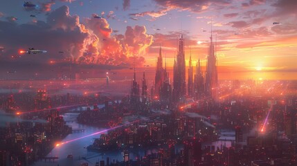 A futuristic cityscape with tall buildings and flying vehicles silhouetted against a fiery sunset.