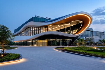New building, modern architecture, sleek design features innovative materials and cutting-edge technology