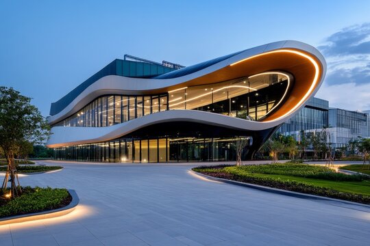 New building, modern architecture, sleek design features innovative materials and cutting-edge technology