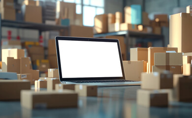 Naklejka premium Online shopping scene, laptop with blank white screen, surrounded by boxes and packages ready for delivery. Free space, space for text. 