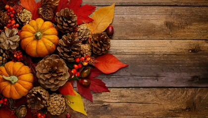 A festive Thanksgiving arrangement with a rustic wooden background, featuring fall foliage, red and...