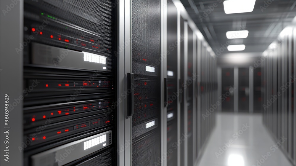 Poster a row of servers in a server room. perfect for technology and data center concepts