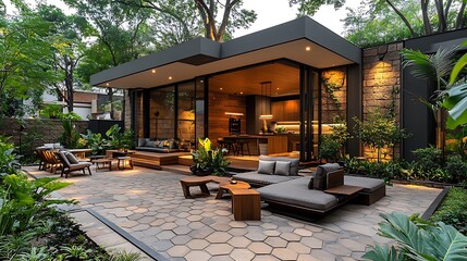 A modern outdoor patio with hexagonal stone pavers in a geometric arrangement, clean-lined metal and wooden furniture, lush greenery adding a vibrant contrast, soft lighting casting crisp shadows,