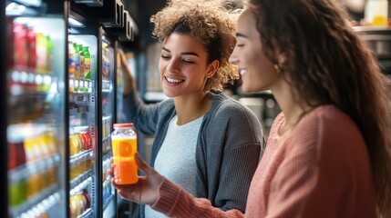A group of young people choosing drinks from brightly lit vending machines, highlighting convenience and on-the-go refreshment in a modern setting..