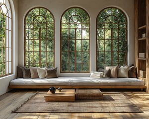 Contemporary Minimalist Living Room with Comfortable Sofa and Large Windows for Cozy Relaxation