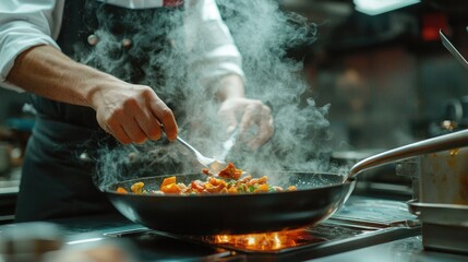A chef carefully slicing fresh ingredients on a wooden board in a kitchen, surrounded by vibrant vegetables and herbs, showcasing culinary precision..