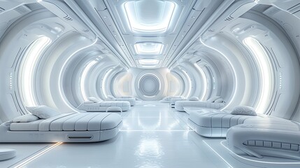 Obraz premium Futuristic interior design in white tones. Technologies of the future made of plastic. 3D illustration