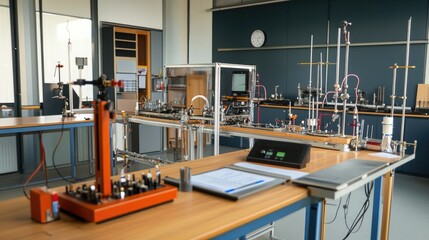 A modern engineering lab filled with advanced equipment and workstations, designed for technical research, development, and innovation in various engineering fields..