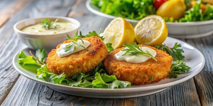 Crispy fish cakes with lemon dill aioli and mixed greens