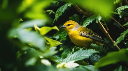 A vibrant yellow bird sits perched amidst dense, lush green foliage, creating a stunning contrast between the bird's bright feathers and the surrounding leaves..