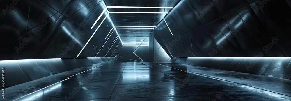 Poster futuristic corridor with sleek metallic walls and bright neon lights. perfect for sci-fi themes or m