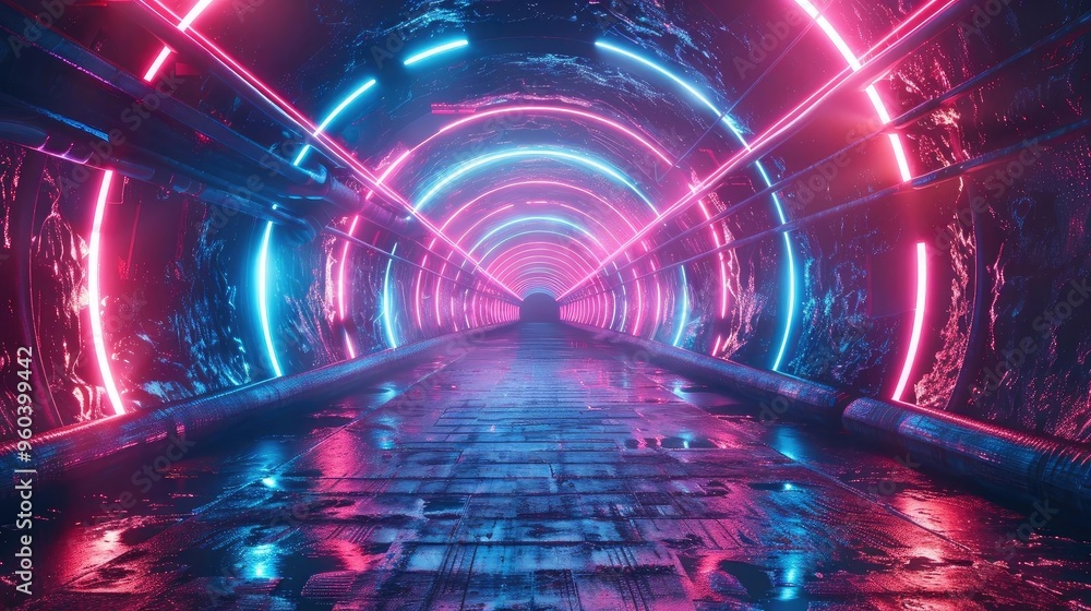 Poster a vibrant tunnel illuminated with pink and blue neon lights, creating a futuristic and mesmerizing a