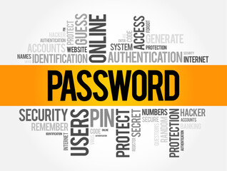 Password is a secret string of characters used to authenticate a user and grant access to a system, application, or service, word cloud concept background