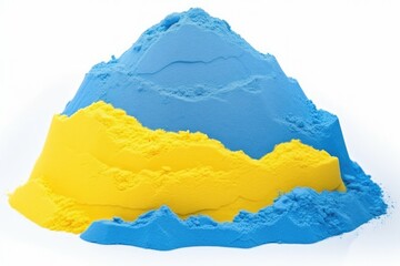 Pile of kinetic sand of blue and yellow colors isolated on white background