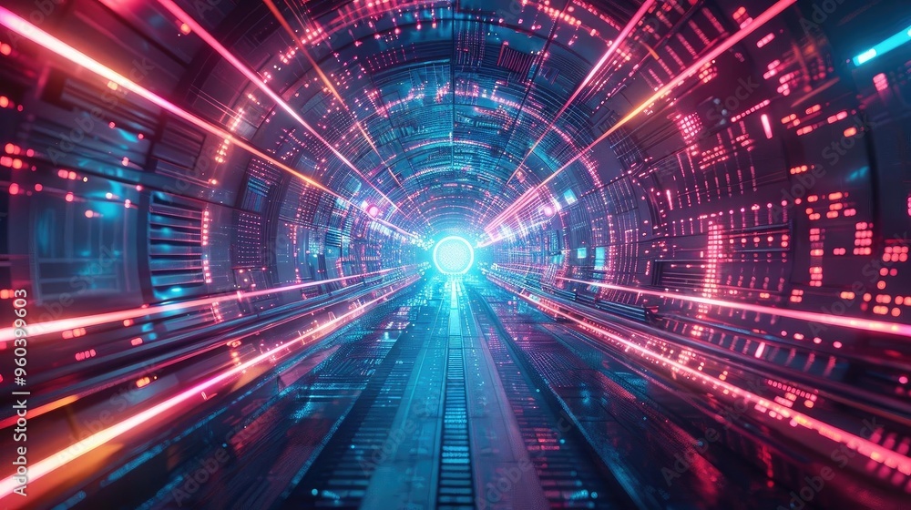 Poster A vibrant digital tunnel bursting with colorful lights, creating an illusion of speed and depth. Perfect for tech-themed projects.