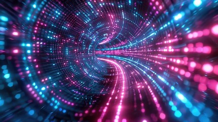 Obraz premium Colorful digital tunnel with vibrant lights in blue and pink, representing futuristic technology and abstract visuals.