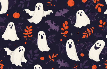 Seamless halloween pattern with spooky ghosts, bats and holiday attributes 