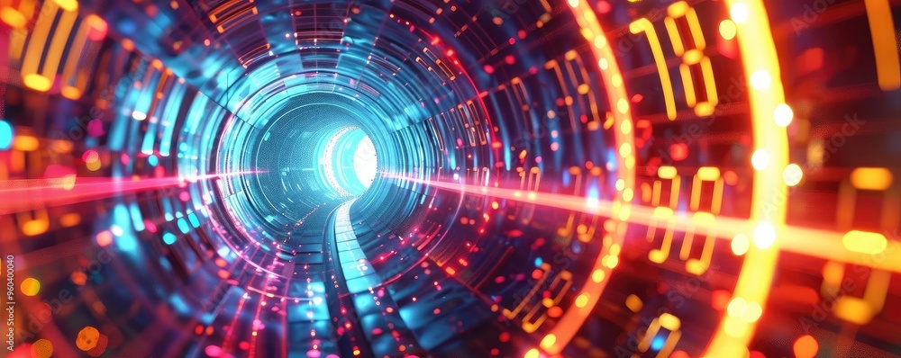 Poster A vibrant digital tunnel illuminated with glowing numbers and light trails, representing advanced technology and future concepts.