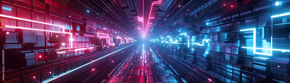 Poster Futuristic digital corridor with vibrant neon lights, creating a mesmerizing depth and immersive atmosphere.
