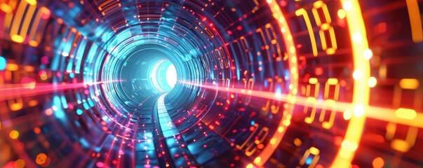 Obraz premium A vibrant digital tunnel illuminated with glowing numbers and light trails, representing advanced technology and future concepts.