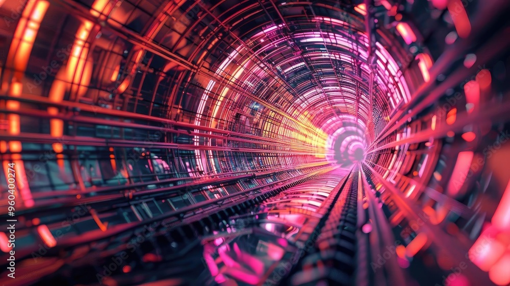 Poster A mesmerizing tunnel of light featuring vibrant colors and intricate patterns, showcasing a futuristic atmosphere.