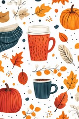 fall doodle pattern, charming autumn doodle of scarves, pumpkins, coffee cups, perfect for cozy fall designs projects in keeping with the seasons vibe
