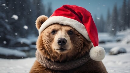 A bear in a Santa hat during the winter months
