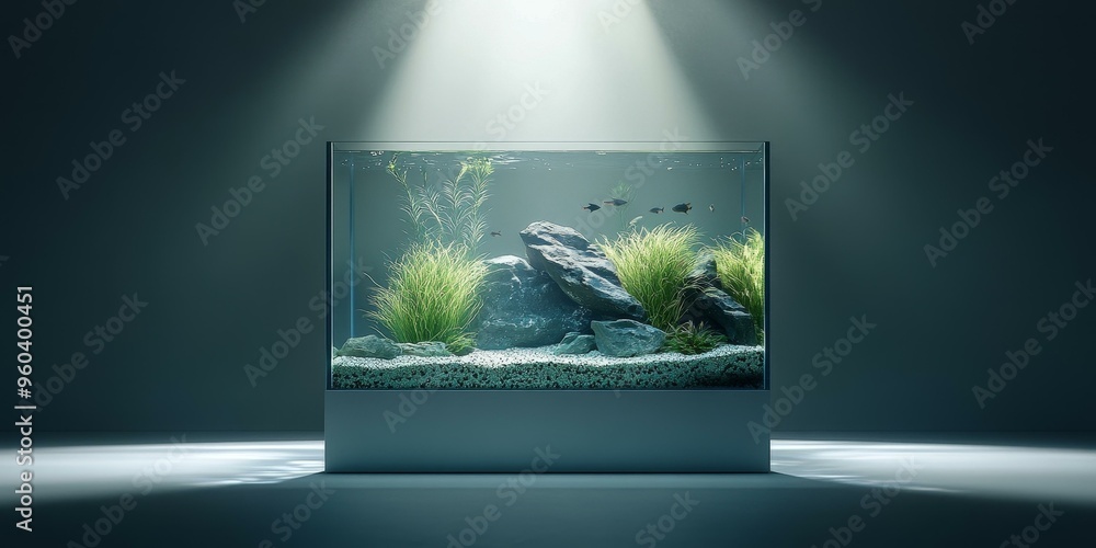 Canvas Prints A glass fish tank with plants and fish.