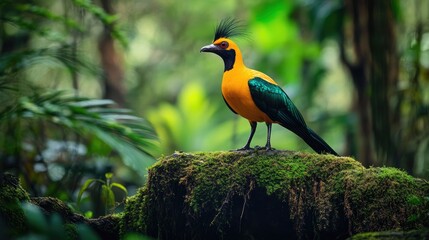 Fototapeta premium A vibrant orange bird with green and black wings perches on a mossy rock in a dense, misty forest..