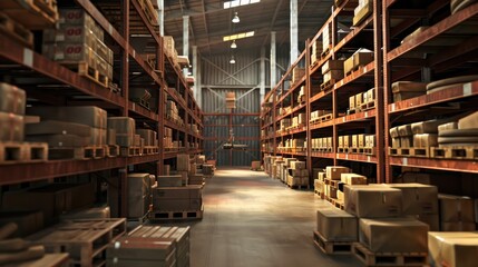 A large warehouse aisle with organized shelves stocked with various boxes and pallets, showcasing an efficient storage system under bright lighting..