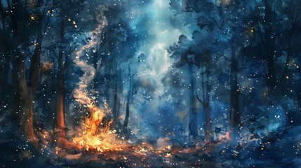 A magical forest scene with a campfire glowing in the center, surrounded by tall trees and shimmering lights.