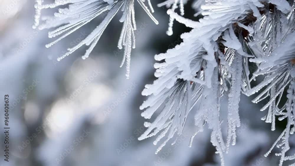 Poster close up of a pine tree branch covered in frost with a blurry background. the frost creates a beauti