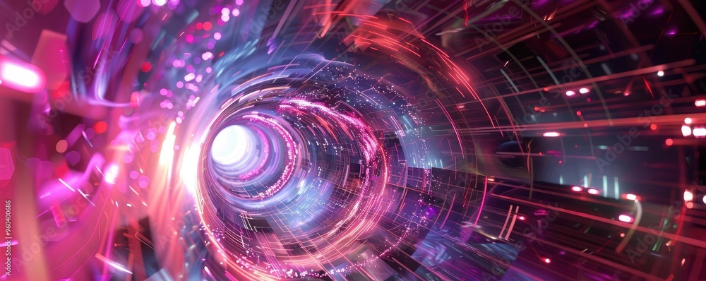 Poster a vibrant digital tunnel showcasing a blend of colors and lights, symbolizing a journey through a fu