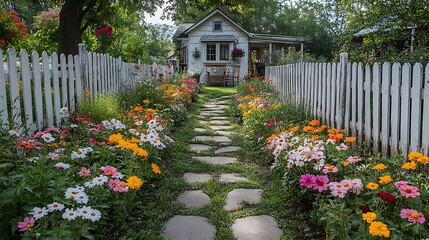 A picturesque cottage garden with weathered stone pavers, vibrant flower beds overflowing with colorful blooms, a white picket fence surrounding the area, cozy wooden chairs under a shady tree,