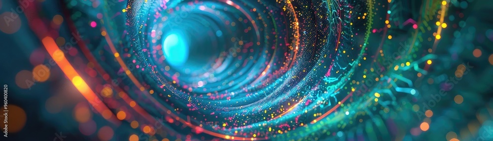 Poster A mesmerizing vortex of vibrant colors and light, creating an illusion of depth and motion. Ideal for digital art and abstract concepts.