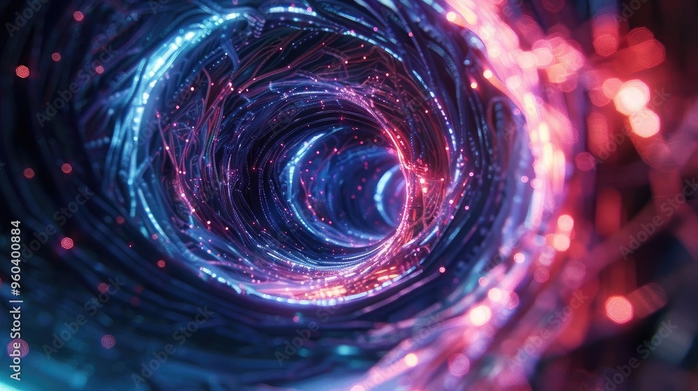Poster a mesmerizing abstract tunnel of glowing lights, featuring vibrant blue and red colors swirling into